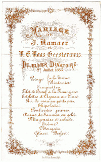 Menukaart huwelijk Maria Elisabeth MG (1861-1919) en Joseph Ramaer (1847-1908) (1883-07-27)